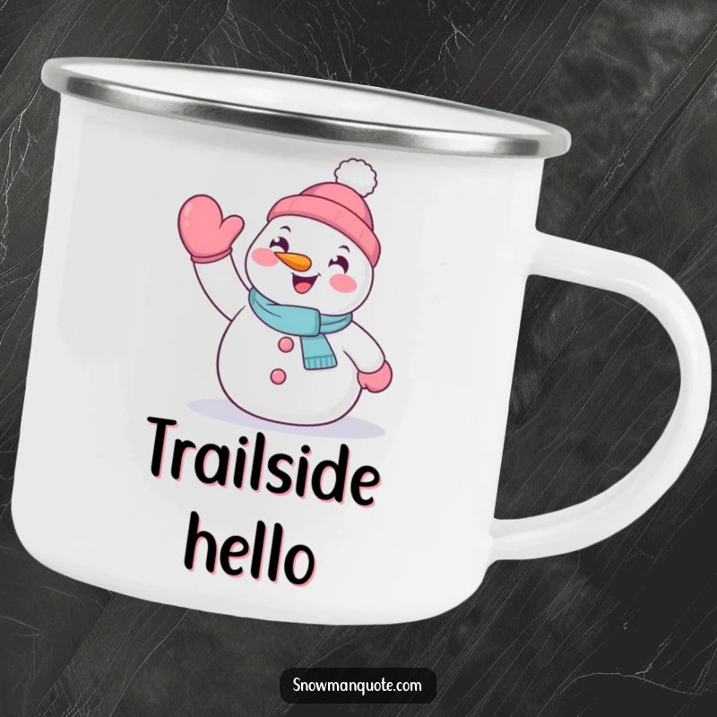 Funny enamel camping mug featuring a happy snowman waving hello with its mitten, perfect for outdoor greetings.