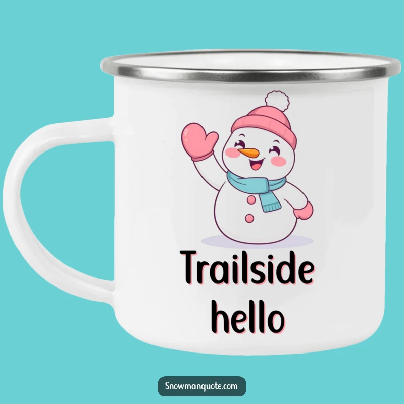 Funny Waving Snowman Camping Mug - Enthusiastic Outdoor Drinkware