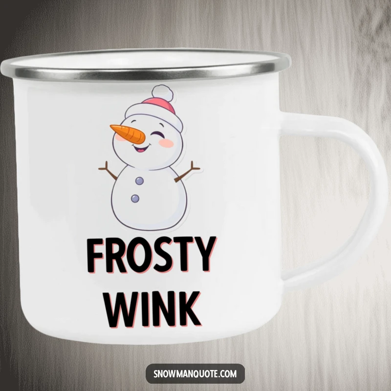 Funny camping mug showcasing a jovial snowman winking, its carrot nose a cheerful beacon, perfect for sipping hot drinks by the fire.