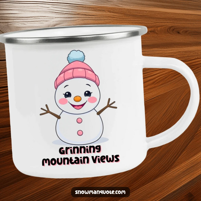 Funny enamel camping mug featuring a grinning snowman with a lopsided hat, perfect for outdoor smiles.