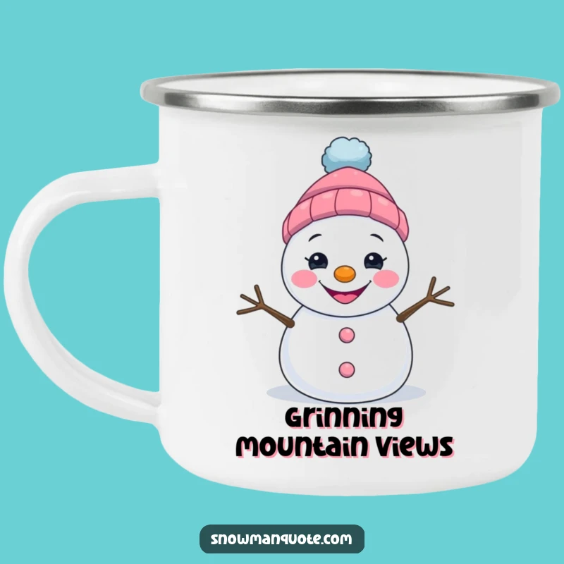 Funny Grinning Snowman Camping Mug - Quirky Outdoor Drinkware
