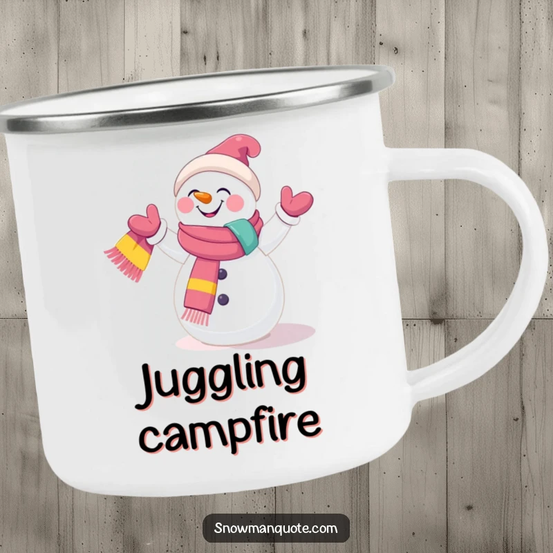 Funny Camping Mug: A giggling snowman juggling bright scarves, perfect for hot or cold drinks during outdoor excursions. Playful and durable.