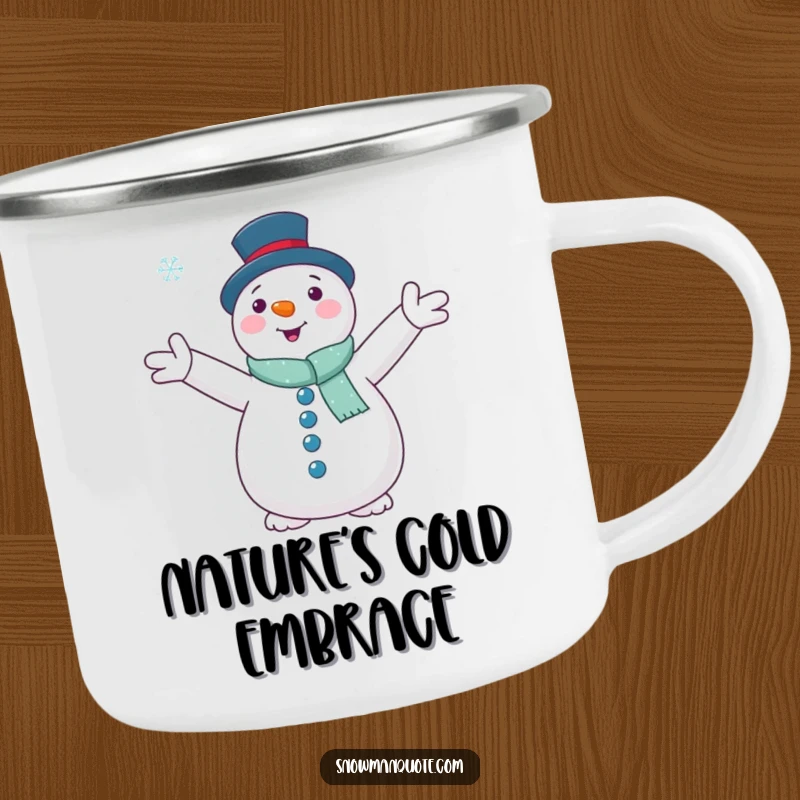 Funny, rugged camping mug featuring a snowman with outstretched arms embracing a falling snowflake, perfect for outdoor winter peace.