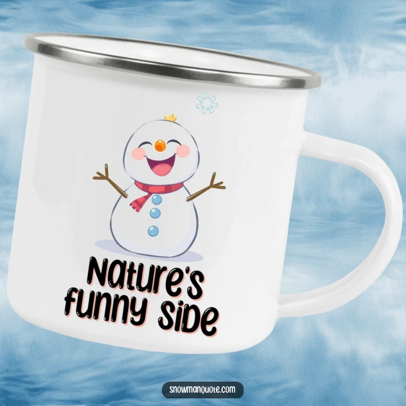 Funny snowman giggling as a snowflake tickles it, shown on a durable camping mug for outdoor fun.