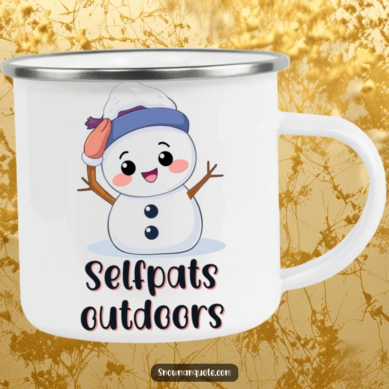 Funny Camping Mug: A smiling snowman patting its own head, perfect for hot or cold drinks during outdoor adventures. Warm and encouraging.