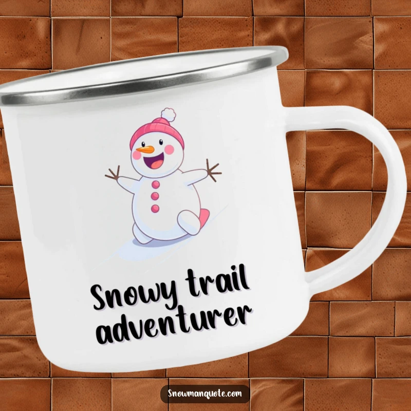 Funny cheerful snowman rolling energetically down a snowy hill, a durable and humorous outdoor mug.
