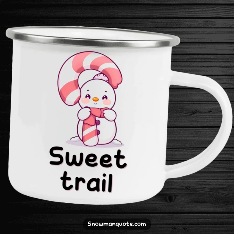 Funny Shy Snowman Candy Cane Camping Mug showing a bashful snowman peeking from behind a large, sparkling candy cane.