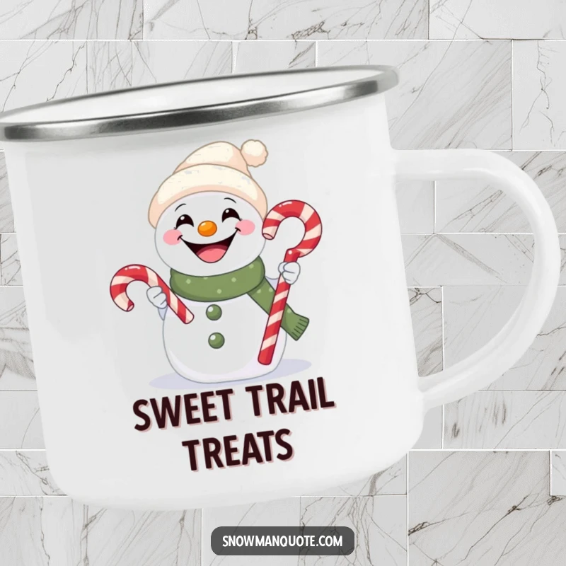Funny camping mug with a goofy-grinning snowman happily offering a red and white striped candy cane.