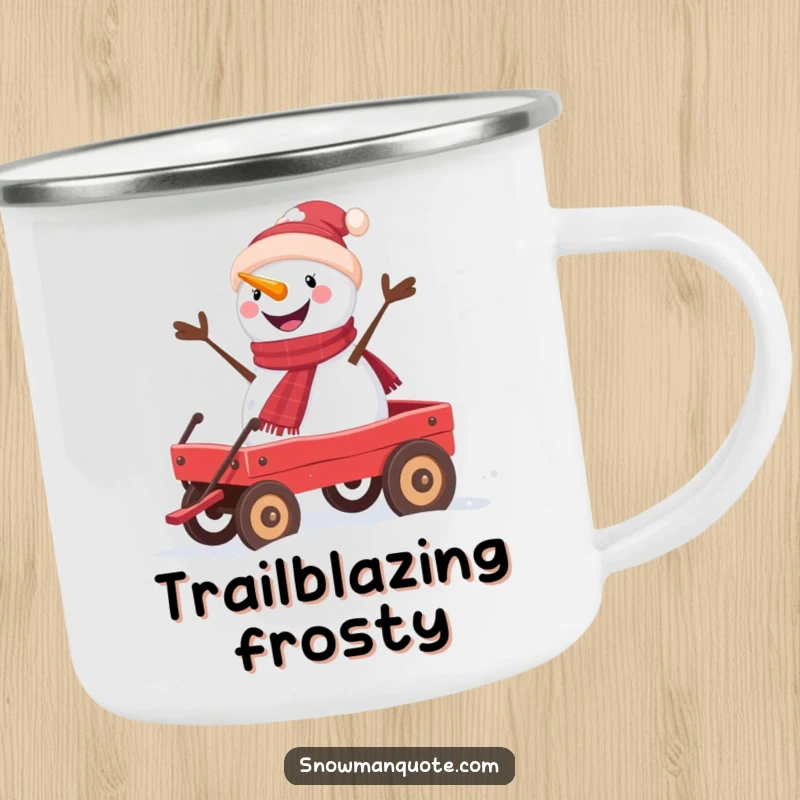 Funny snowman camping mug featuring a happy snowman on a red wagon, ideal for outdoor use.
