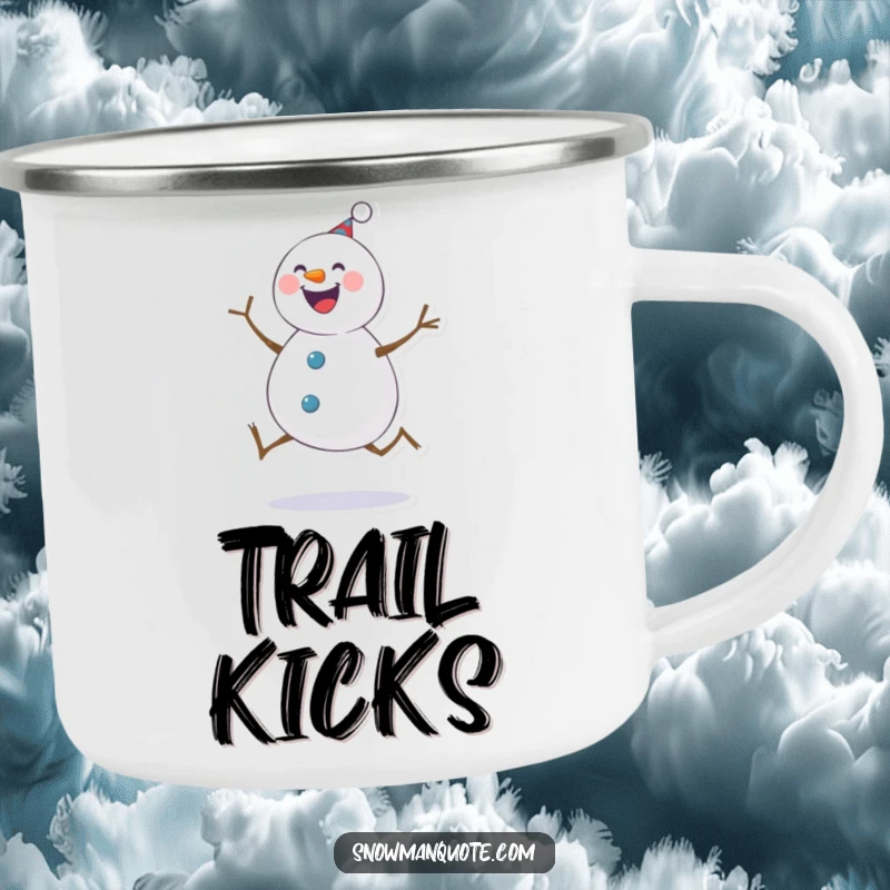 Funny Camping Mug: Cheerful snowman captured mid-kick, perfect for hot or cold drinks on the go. A rugged and humorous companion.