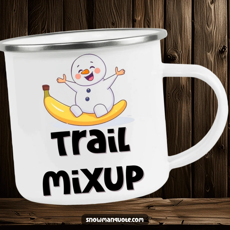 Funny enamel camping mug featuring a snowman comically slipping on a banana peel, ideal for outdoor winter fun.