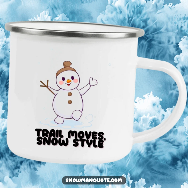 Funny dancing snowman camping mug, twig arms waving, kicking up a snow swirl, perfect for outdoor drinks with a festive flair.