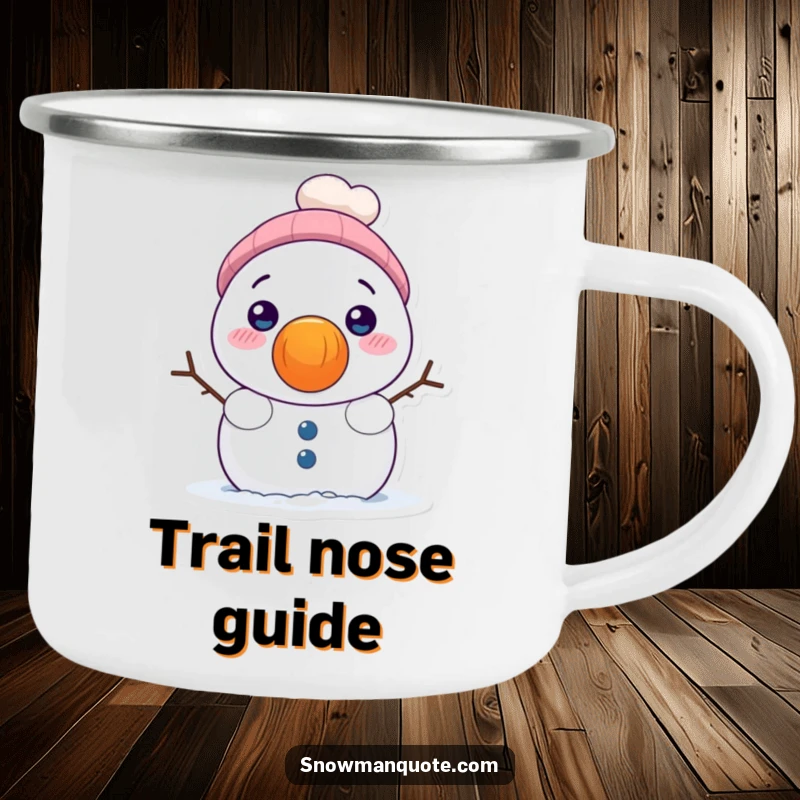 Funny enamel camping mug featuring a shy snowman peeking from behind a giant carrot nose, ideal for outdoor winter charm.