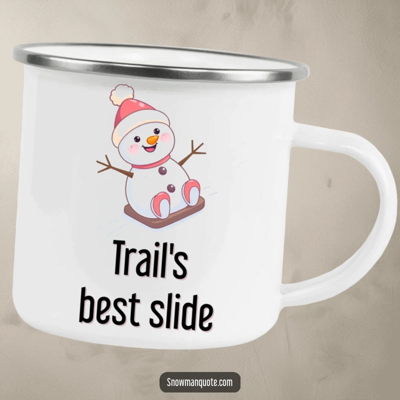 Funny Camping Mug: A happy snowman with a hat tilted slides down a snowy hill, ready for outdoor winter fun.