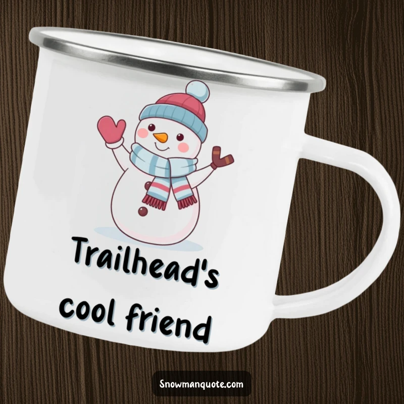 Funny snowman with a jaunty scarf waving, shown on a durable camping mug, ideal for outdoor use.