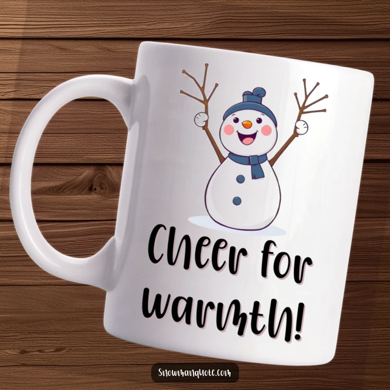 Funny mug showcasing a delightful snowman with twig arms thrown high in the air, joyfully cheering during a winter celebration.