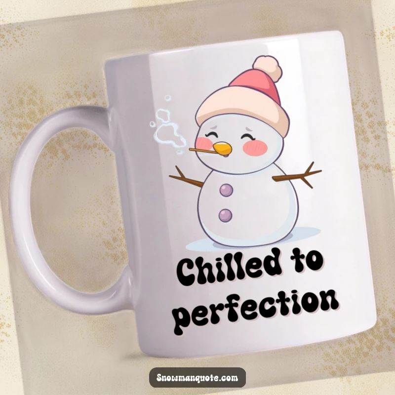Funny mug showcasing a snowman with rosy cheeks, joyfully blowing a puff of cold, frosty air.