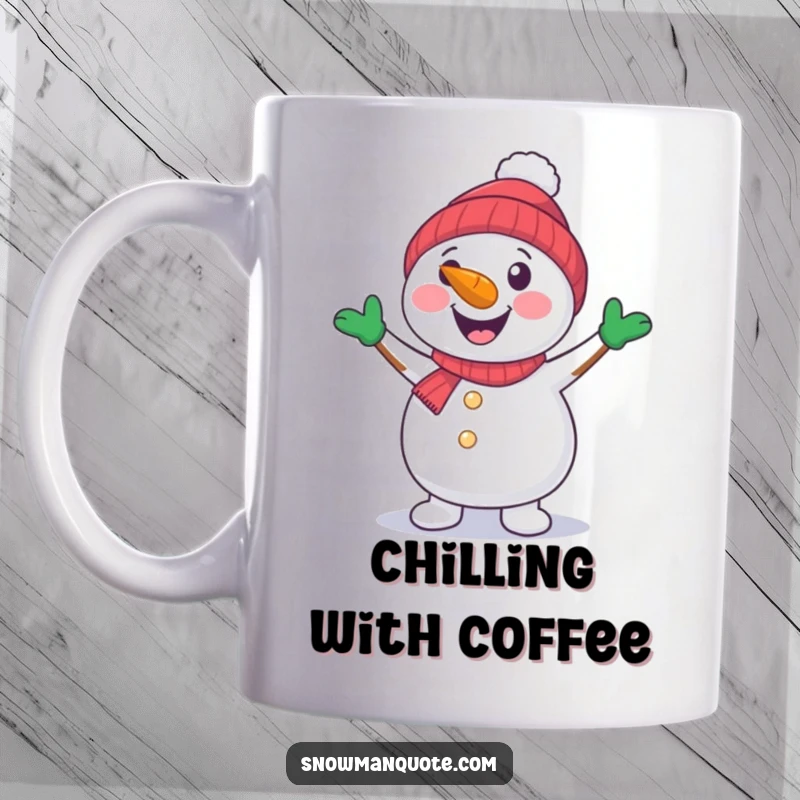 A cheerful snowman with a carrot nose joyfully dancing with its arms outstretched. A festive mug.