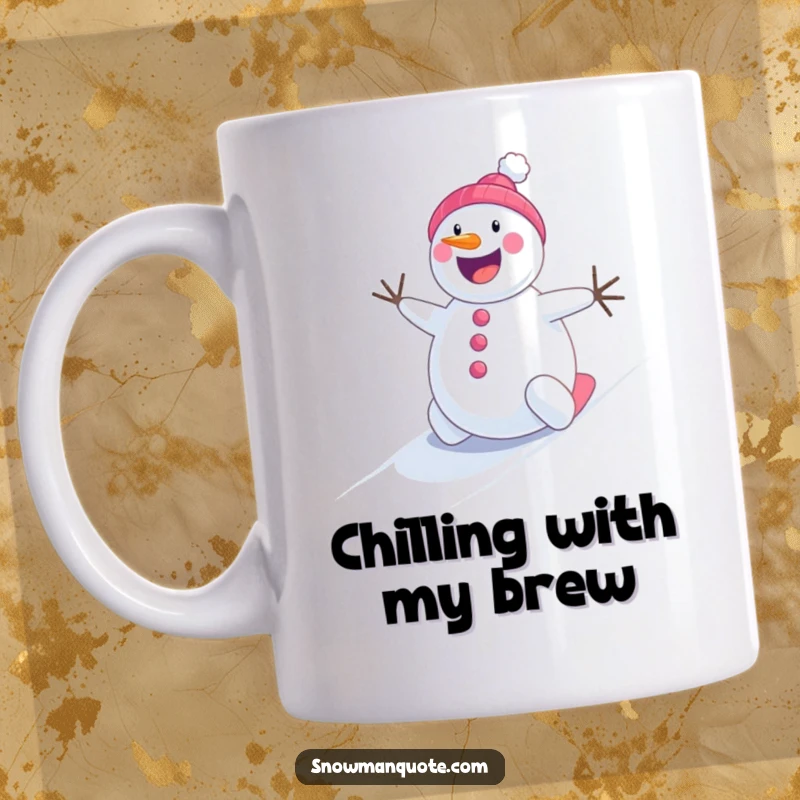 Funny cheerful snowman rolling energetically down a snowy hill, a hilarious winter-themed mug.