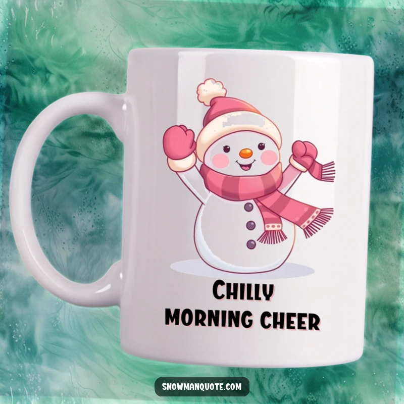 Funny snowman mug showing a cheerful winter character enthusiastically waving a tiny banner attached to its scarf, embodying holiday spirit and joy.