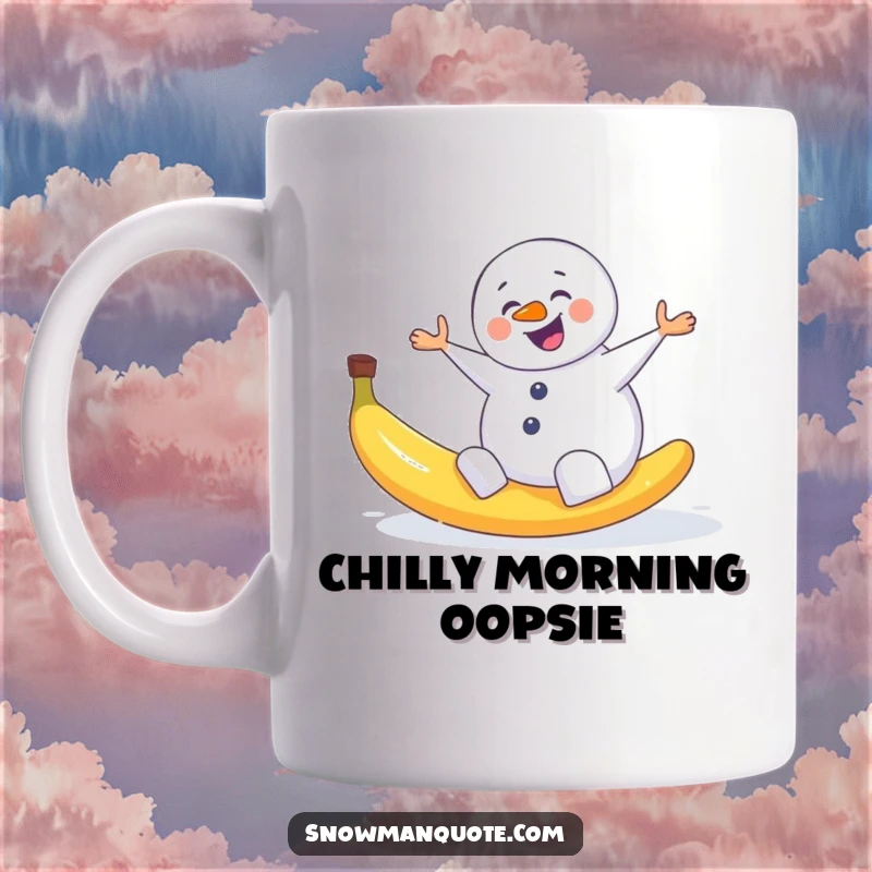 Funny mug featuring a snowman comically slipping mid-air after stepping on a slippery banana peel, mid-fall.