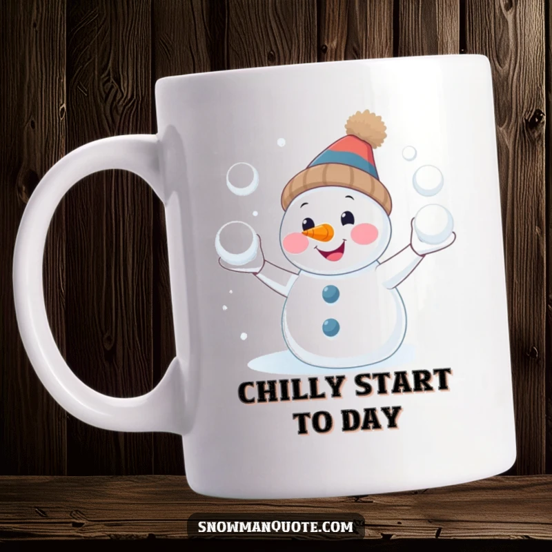 Funny snowman mug, smiling with a carrot nose, juggling snowballs with winter cheer, great for a funny gift.