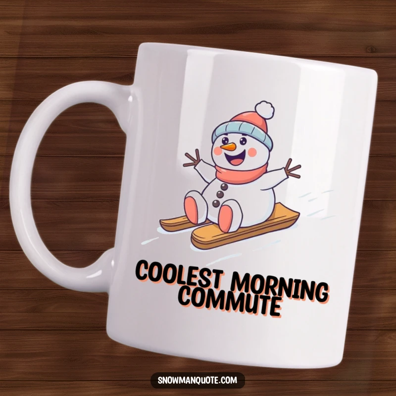 Funny snowman mug, happily sliding down a snowy hill on a sled, capturing winter's joyful momentum, great gift.
