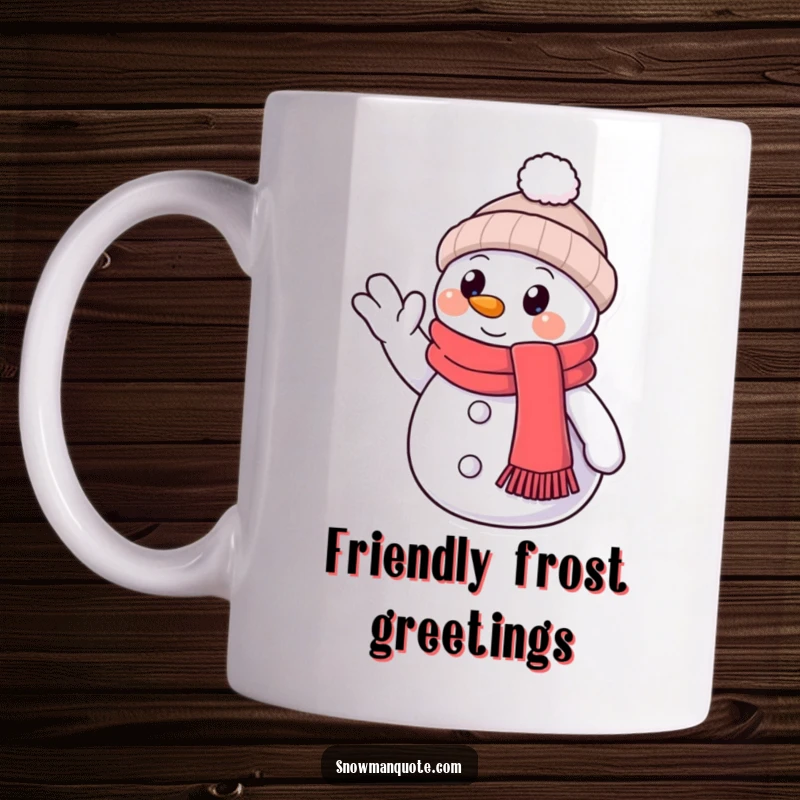 Funny Mug: A smiling snowman wearing a scarf gives a friendly wave, with one button eye clearly visible, radiating warmth.