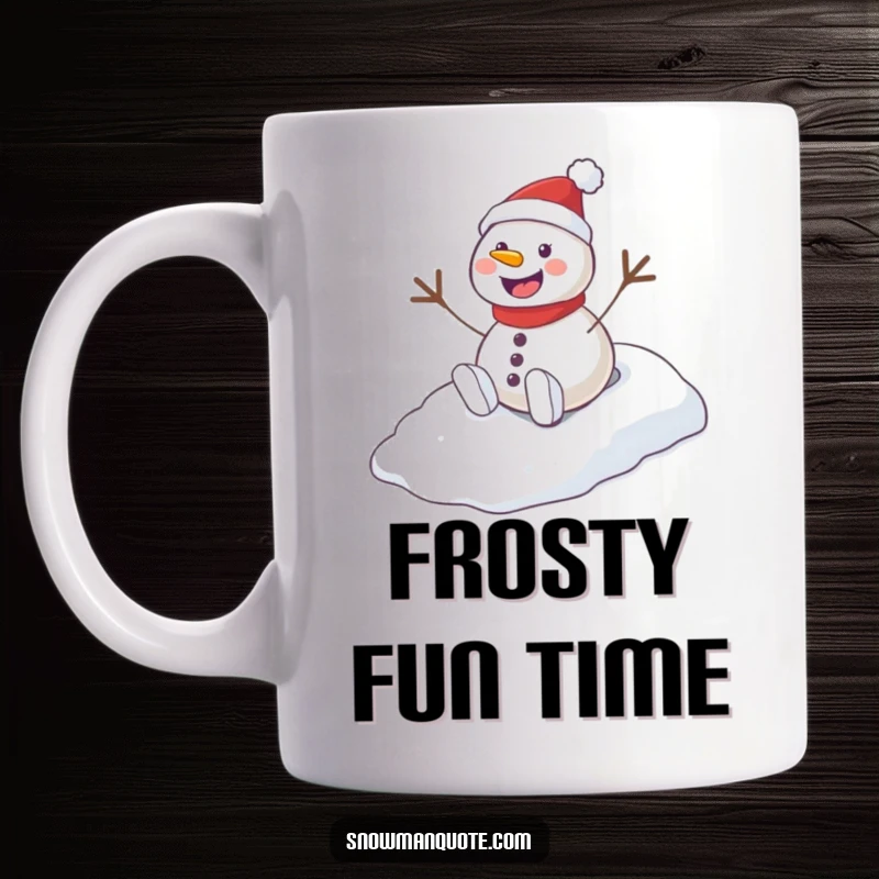 Funny Playful Snowman Hill Mug showing a joyful snowman sliding downhill with a happy expression and a sense of fun.