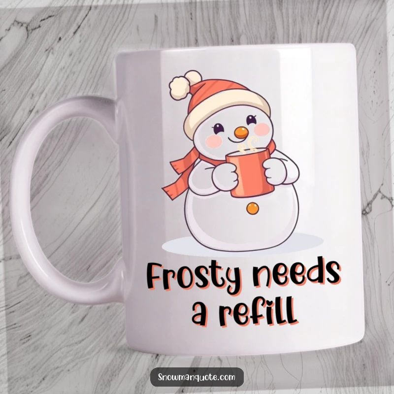 Funny snowman mug design featuring a cheerful snowman happily holding a steaming hot mug, perfect for winter gifting.