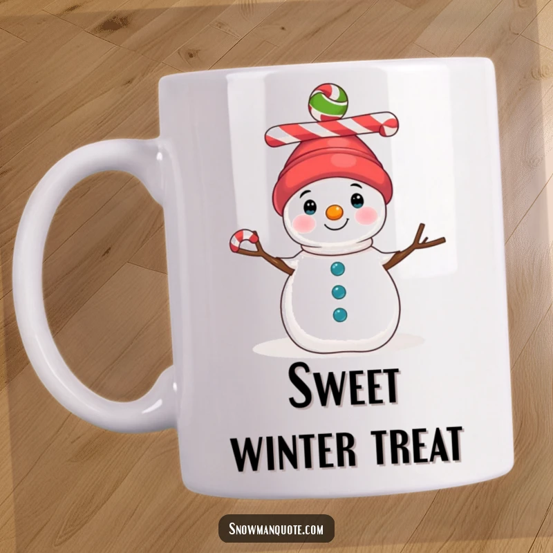 Funny mug showing a snowman precariously balancing three colorful candy canes on its snowy head with a focused expression.