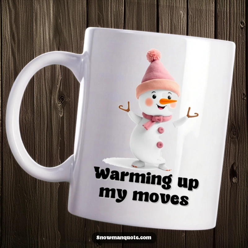 Funny dancing snowman wearing a quirky hat, captured mid-dance on a mug, embodying pure winter joy and fun.
