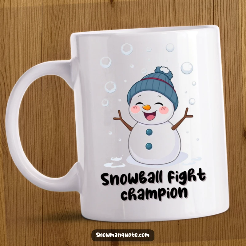 Funny mug showing a giggling snowman cheerfully enduring a playful shower of snowballs. Embodies innocent winter fun and resilience.