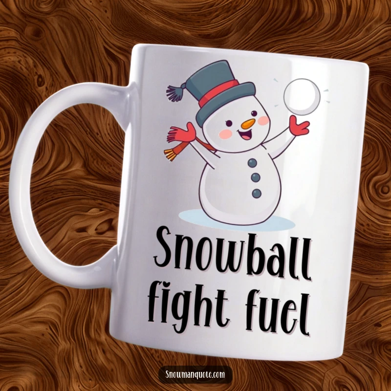 Funny, jolly snowman with a big grin throwing a snowball, featured on a mug, capturing the pure joy of winter.