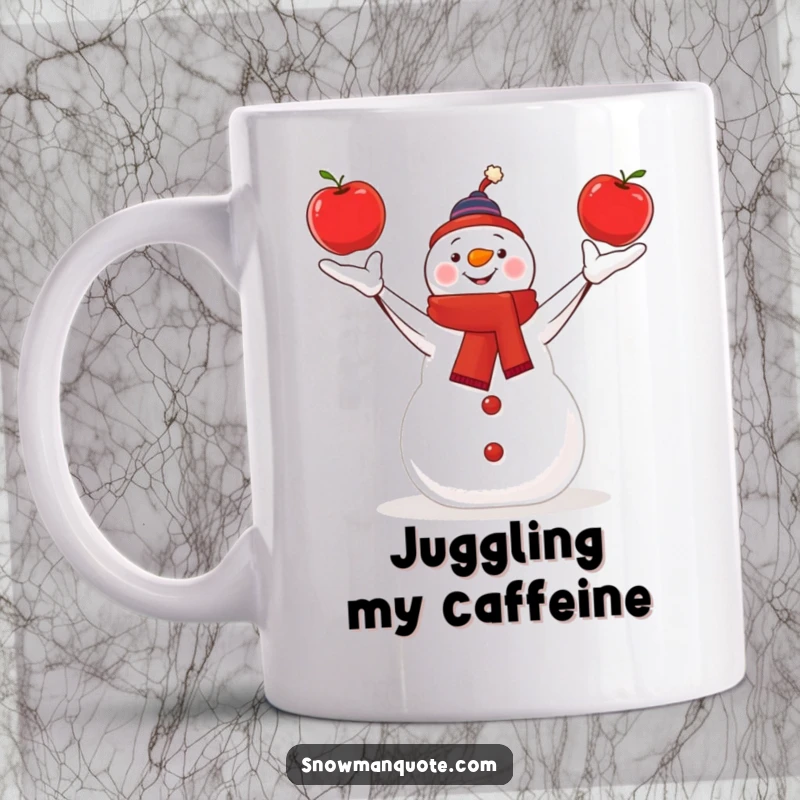 Funny snowman effortlessly juggling three bright red apples while standing in the snow on a mug.
