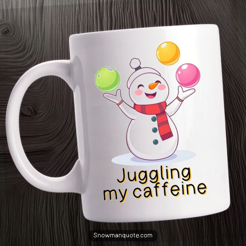 Funny Snowman Mug: A cheerful snowman juggles three colorful snowballs with evident glee. Perfect for spreading holiday cheer and humor.