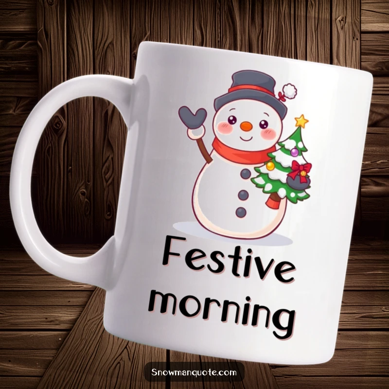 Funny Proud Snowman Tree Mug showing a beaming snowman proudly presenting a small, decorated Christmas tree with a cheerful expression.