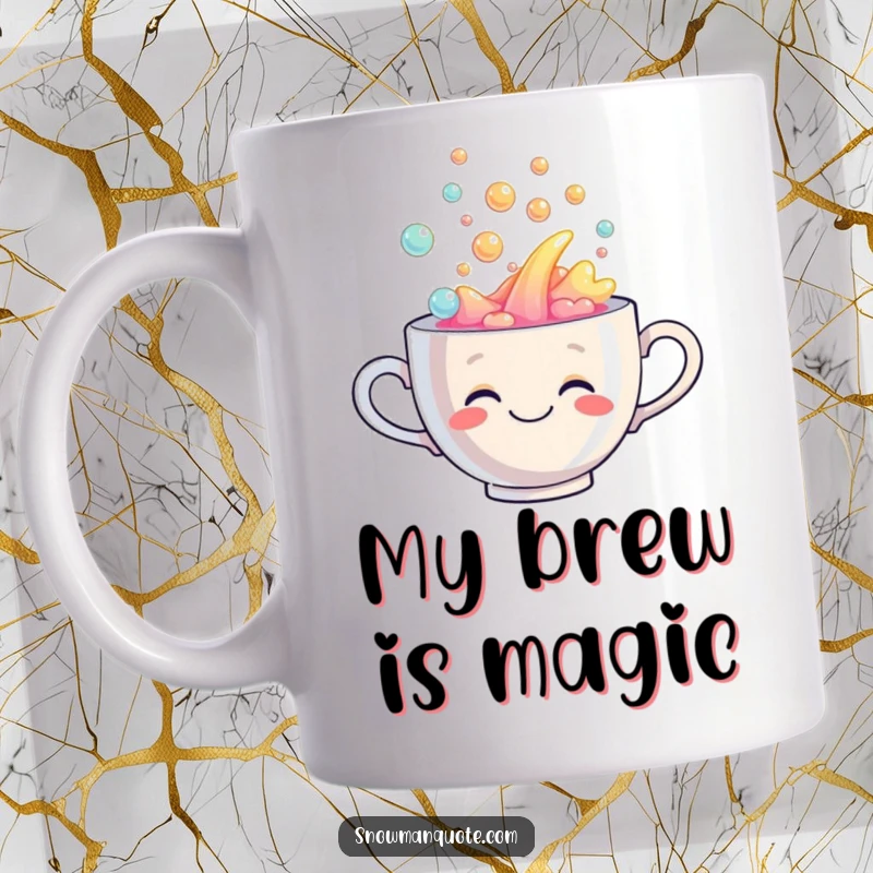 Funny mug with a smiling teacup brimming with colorful, bubbly liquid, symbolizing overflowing joy and a happy start.