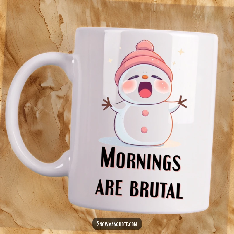 Funny sleepy snowman mug dusted with twinkling stardust, yawning widely to express ultimate relaxation and cozy winter vibes.