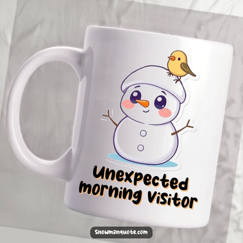Funny Snowman Mug: A surprised snowman with wide round eyes observes a tiny bird perched adorably on its hat, creating a sweet scene.