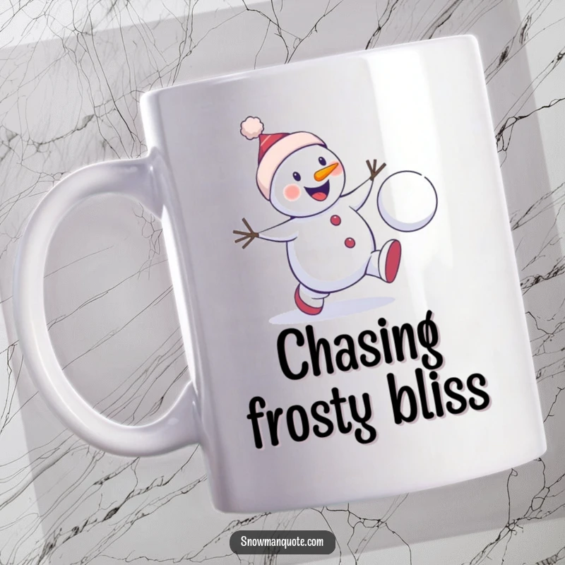 Funny snowman mug showing a winter character excitedly chasing a bouncing snowball, embodying playful energy and winter fun.