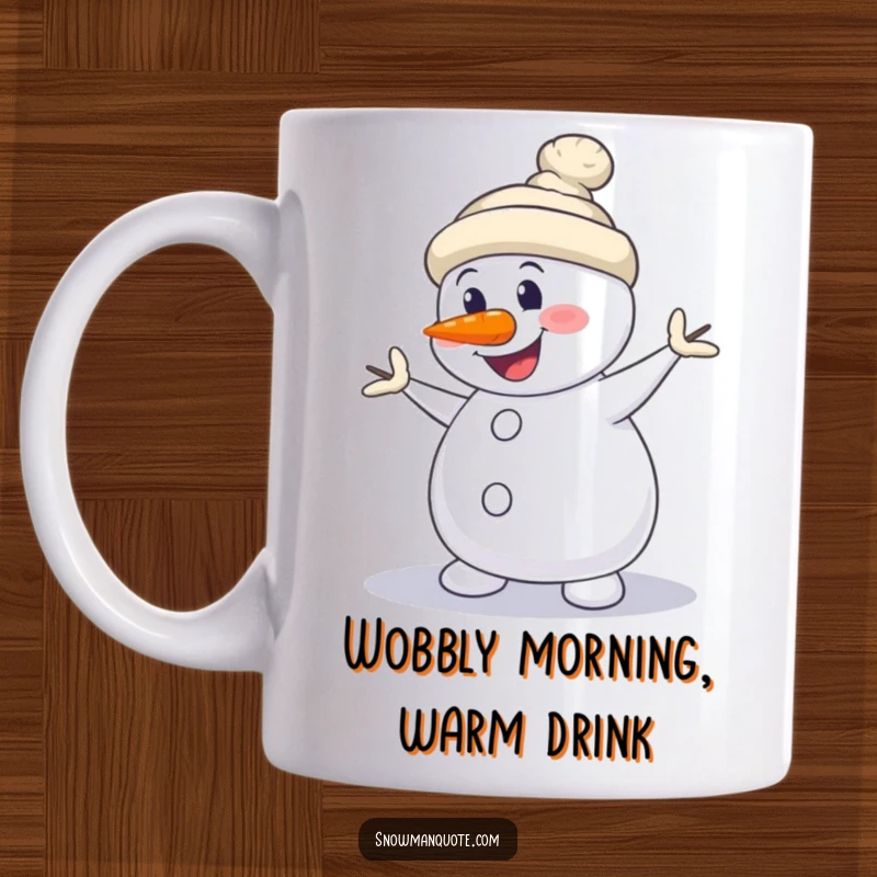 Funny Snowman Mug: A snowman does a silly dance with its carrot nose crookedly positioned.