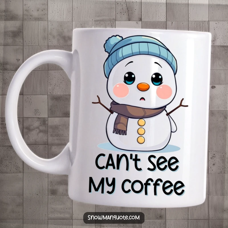 Funny Mug: A surprised snowman with its hat covering button eyes, peeking out playfully. Hilarious winter humor for a gift.