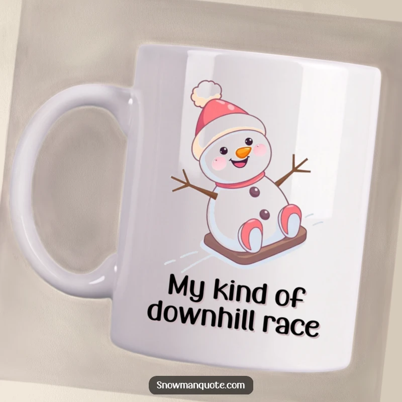 Funny Mug: A cheerful snowman with a crooked hat joyfully sledding down a snowy slope, radiating pure winter fun.