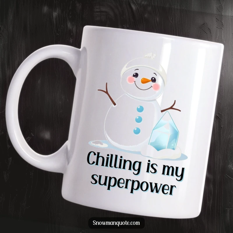 Funny snowman mug with a huge smile next to a miniature ice sculpture, spreading winter cheer and laughter.