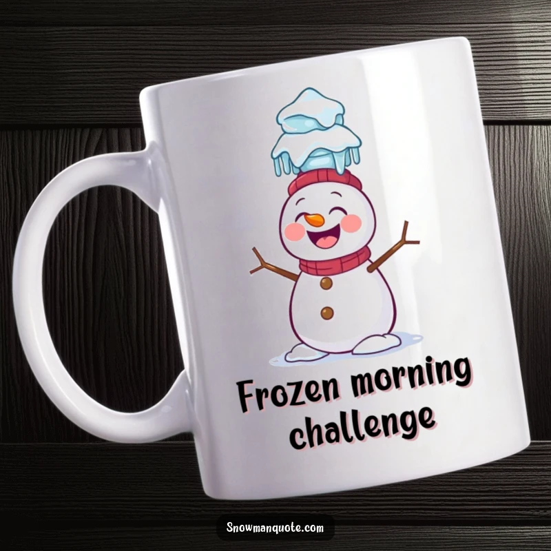Funny Snowman Mug: A giggling snowman struggles comically to balance a precarious stack of icicles piled high on its head.