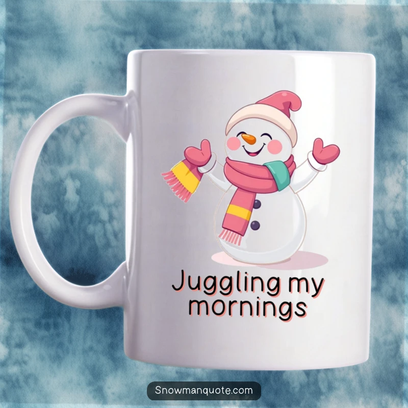 Funny Mug: A giggling snowman skillfully juggling three colorful scarves with a joyful expression. Perfect for a funny gift.