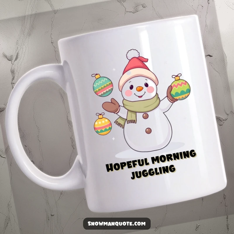 Funny snowman mug showing a cheerful snowman attempting to juggle three colorful ornaments with a hopeful expression, perfect for holidays.