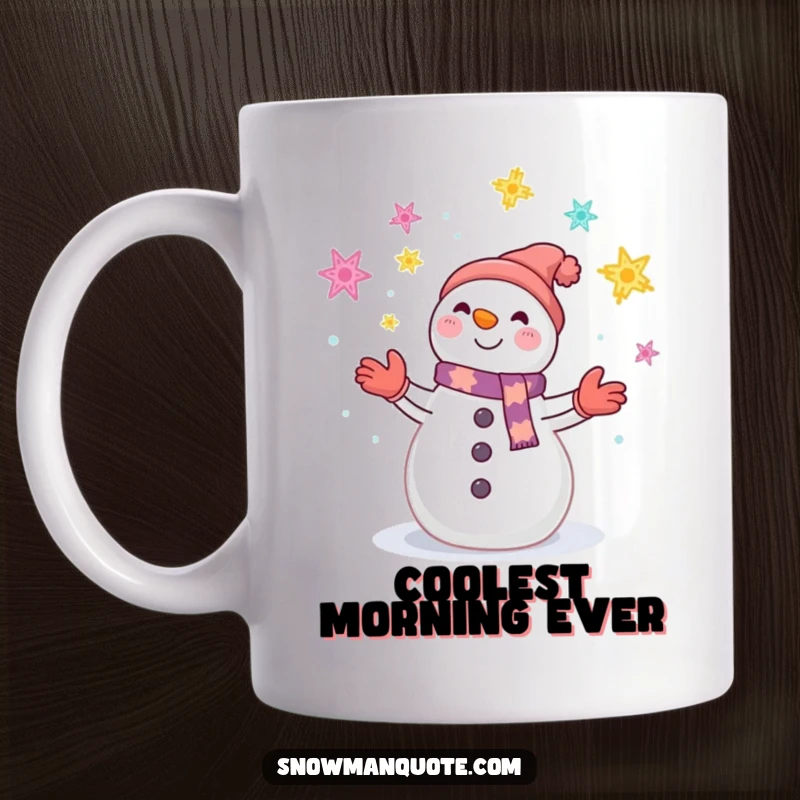 Funny mug featuring a smiling snowman skillfully juggling several colorful, sparkling snowflakes in the air.