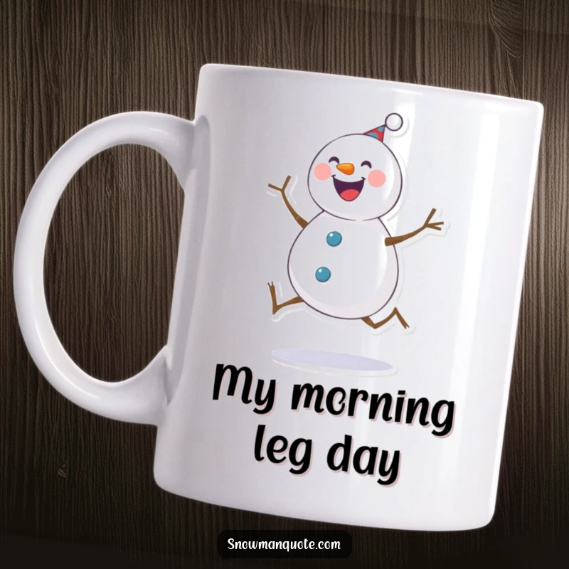 Funny Mug: Cheerful snowman joyfully kicking its twig legs, radiating happiness and winter cheer. Perfect for a funny gift.